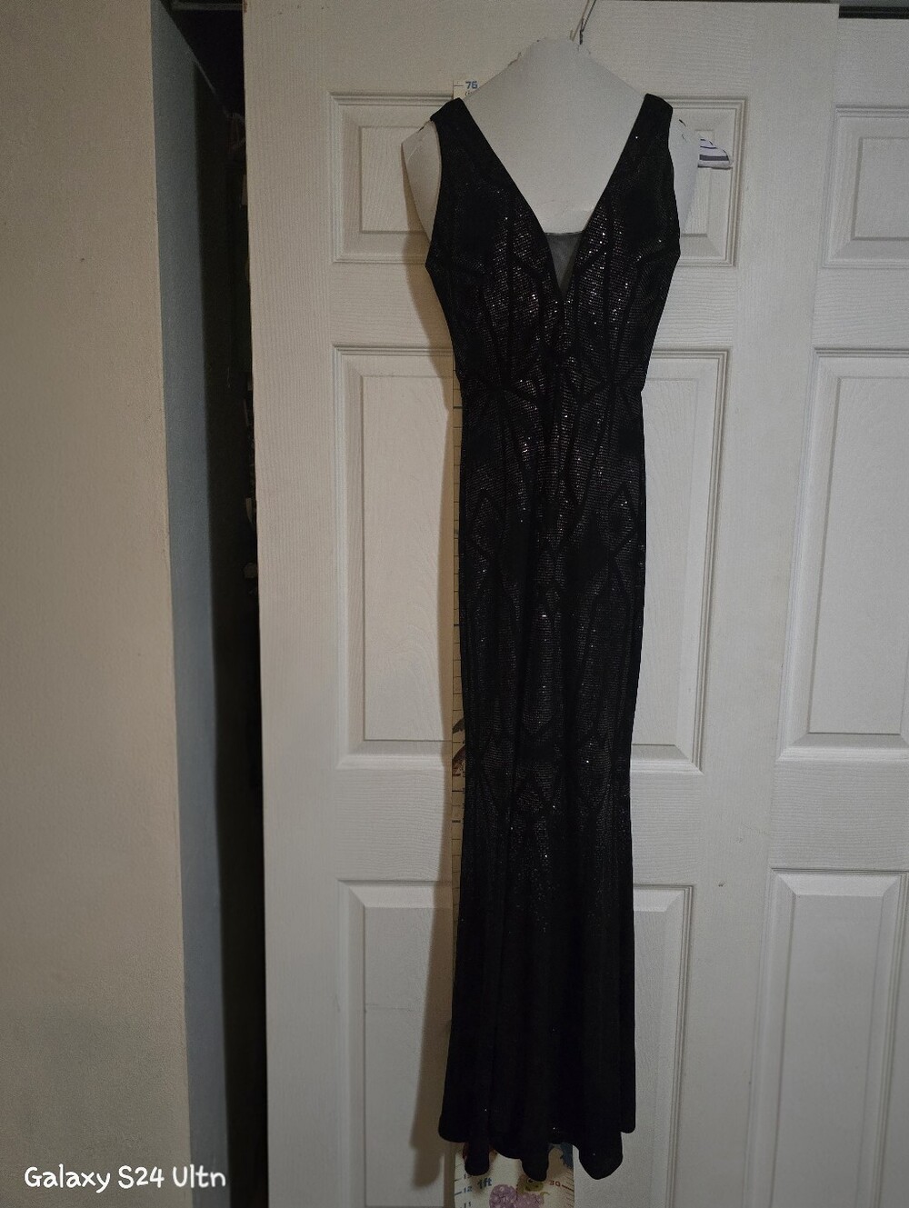 Aqua Black Glitter V-Neck Evening Dress